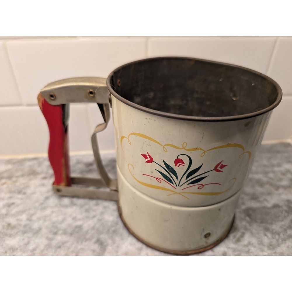 Vintage‎ ANDROCK Hand-i-Sift Flour Sifter Red Handle Farmhouse USA